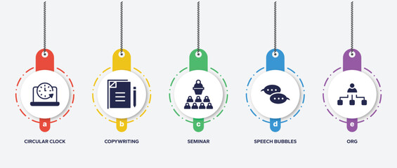 Poster - infographic element template with seo and marketing filled icons such as circular clock, copywriting, seminar, speech bubbles, org vector.