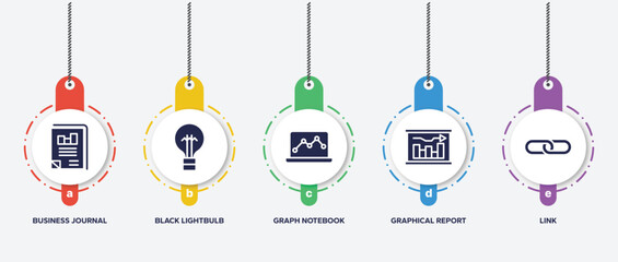 Poster - infographic element template with business pack filled icons such as business journal, black lightbulb, graph notebook, graphical report, link vector.