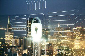 Poster - Virtual creative lock symbol and microcircuit illustration on San Francisco skyline background. Protection and firewall concept. Multiexposure