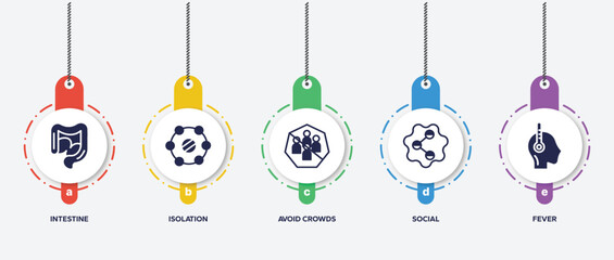 Poster - infographic element template with filled icons such as intestine, isolation, avoid crowds, social, fever vector.