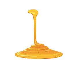 Wall Mural - honey trickle, thin stream pouring into yellow liquid syrup puddle. maple, caramel sauce falling, fl