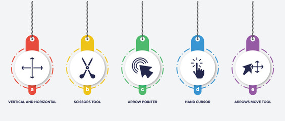 Poster - infographic element template with cursors and pointers filled icons such as vertical and horizontal arrows, scissors tool, arrow pointer, hand cursor, arrows move tool vector.