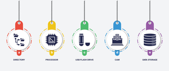 Poster - infographic element template with computer functions filled icons such as directory, processor, usb flash drive, cam, data storage vector.