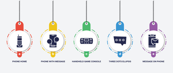 Poster - infographic element template with smartphones filled icons such as phone home, phone with message, handheld game console, three dots ellipsis, message on phone vector.