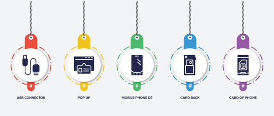 Poster - infographic element template with mobile phones filled icons such as usb connector, pop up, mobile phone de, card back, card of phone vector.