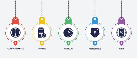 Poster - infographic element template with television filled icons such as caution triangle, approval, pie graph, police shield, ratio vector.