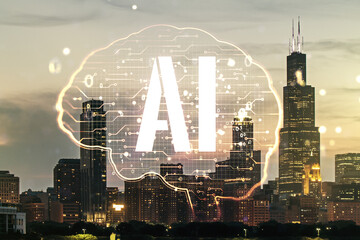 Poster - Virtual creative artificial Intelligence hologram with human brain sketch on Chicago cityscape background. Double exposure