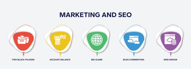 Poster - infographic element template with marketing and seo filled icons such as two black folders, account balance, big globe, blog commenting, web server vector.