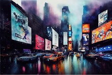 NEW YORK CITY, USA, Times Square, Water Color Style. Photorealistic Water Color Painting. Digital Art Style, Illustration Painting.