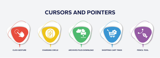 Poster - infographic element template with cursors and pointers filled icons such as click gesture, charging circle, archives files download, shopping cart tings, pencil tool vector.