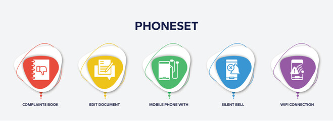 Poster - infographic element template with phoneset filled icons such as complaints book, edit document, mobile phone with auriculars, silent bell, wifi connection warning vector.