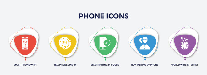 Poster - infographic element template with phone icons filled icons such as smartphone with wireless internet, telephone line 24 hours service, smartphone 24 hours service, boy talking by phone, world wide