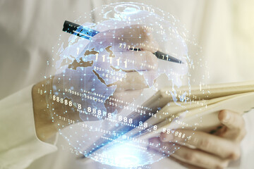 Poster - Double exposure of abstract creative programming illustration with world map and man hand writing in notepad on background, big data and blockchain concept