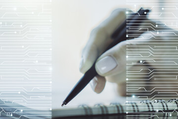 Aufkleber - Creative abstract micro circuit sketch and woman hand writing in notepad on background, future technology and AI concept. Double exposure