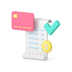 Poster - Curved realistic successful payment document coin credit card and checkmark 3d icon template