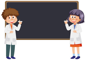 Poster - Cute scientist cartoon character with blank blackboard