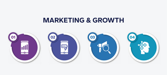 Poster - infographic element template with marketing & growth filled icons such as high, battery charge, expertise, introvert vector.