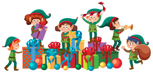 Wall Mural - Elves cartoon character with Christmas present