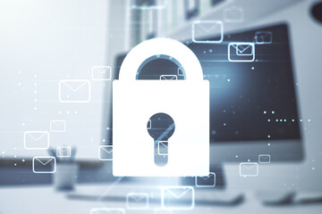 Poster - Creative lock sketch with email symbols hologram and modern desk with computer on background, protection of personal data concept. Multiexposure