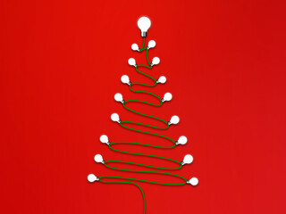 Wall Mural - Christmas tree made of sack rope and bulbs, on red background.