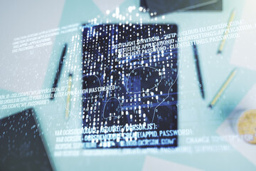 Poster - Creative concept of code skull illustration and modern digital tablet on background, top view. Hacking and phishing concept. Multiexposure