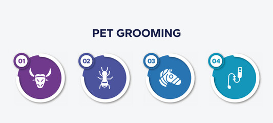 Wall Mural - infographic element template with pet grooming filled icons such as buffalo, ant, zebra, teasing stick vector.