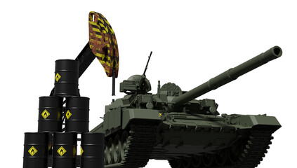 Close-up of Russian T90 tank on oil platform and oil barrels. russian concept of war russia ukraine. 3d rendering.