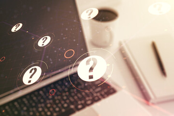 Aufkleber - Double exposure of question mark hologram on laptop background. Sociology and psychology concept