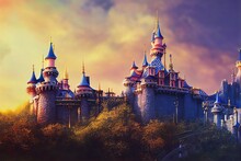 Fantasy Concept Of A Castle In Paris, Water Color Style. Photorealistic Water Color Painting. Digital Art Style, Illustration Painting.