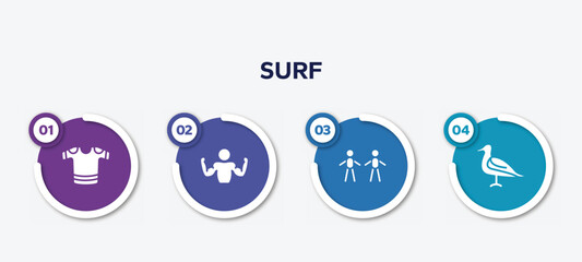 infographic element template with surf filled icons such as t-shirts, bodybuilder, body mass index, seagulls vector.