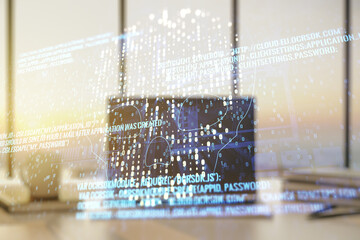 Poster - Double exposure of creative code skull hologram on laptop background. Malware and cyber crime concept