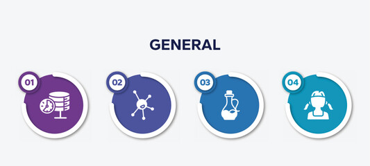 Poster - infographic element template with general filled icons such as real time data, organism, massage oil, teenager vector.