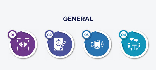 Poster - infographic element template with general filled icons such as trackability, quiz, smart speaker, job interview vector.