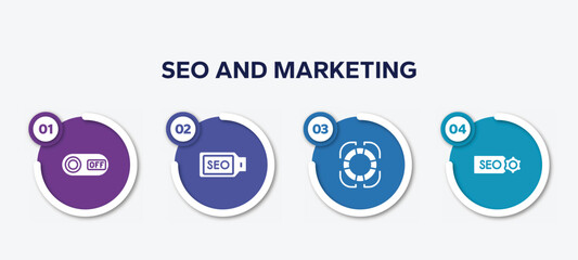 Poster - infographic element template with seo and marketing filled icons such as on, seo tag, rescue, seo label vector.