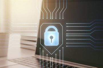 Aufkleber - Creative lock sketch with chip hologram on modern laptop background, protection of personal data concept. Multiexposure