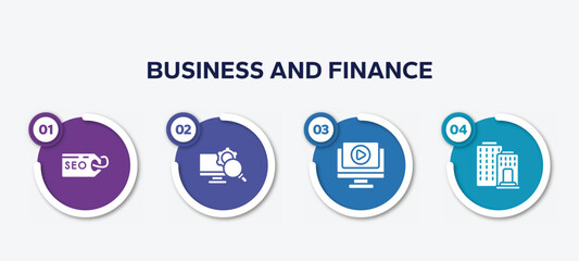 Poster - infographic element template with business and finance filled icons such as seo tags, monitoring system, play video, federal bank vector.