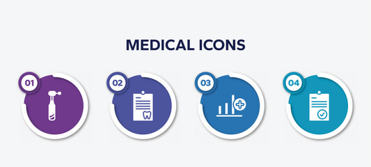infographic element template with medical icons filled icons such as dentists drill tool, note on a clipboard, bar graph with a cross, positive verified vector.