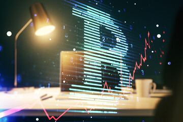 Poster - Creative Bitcoin concept with modern computer background. Double exposure