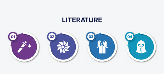 infographic element template with literature filled icons such as blood test, whirligig, lab coat, spartan vector.