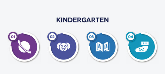 Poster - infographic element template with kindergarten filled icons such as saturn, professor, yearbook, booties vector.