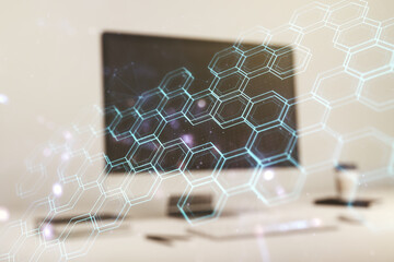 Aufkleber - Double exposure of technology hologram with hexagon on laptop background. Research and development software concept