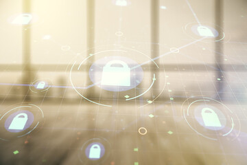 Poster - Virtual creative lock sketch with chip hologram on empty classroom background, protection of personal data concept. Multiexposure