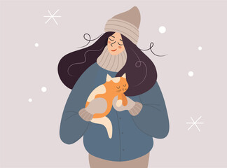 Wall Mural - A woman is holding a red kitten outdoors. The girl loves her funny cat and takes care of him. Winter, snow, love for animals. Modern vector illustration isolated flat style.