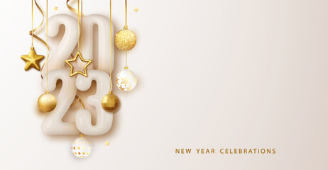 Wall Mural - Happy New Year 2023 glossy number. Festive design with Christmas decorations, balls, streamer and garlands.