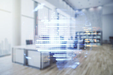 Poster - Double exposure of abstract creative programming illustration and world map on a modern furnished office interior background, big data and blockchain concept