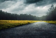 Thunderstorm Road Highway With Dramatic Cloudscape Horizon Abstract Background. Extreme Weather Condition Before Apocalypse Dangerous Panoramic View
