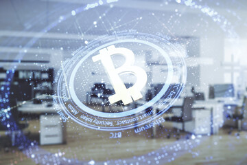Poster - Double exposure of creative Bitcoin symbol hologram on a modern furnished office interior background. Mining and blockchain concept