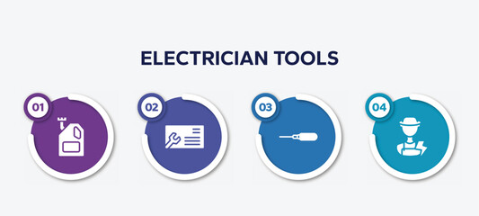 Poster - infographic element template with electrician tools filled icons such as engine oil, business cards, autoloader, electrician vector.