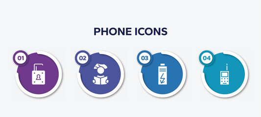 Poster - infographic element template with phone icons filled icons such as unlocked, reader, charge, vintage cellphone vector.