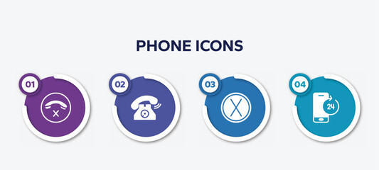 Poster - infographic element template with phone icons filled icons such as hang up, old telephone ringing, removed, smartphone 24 hours service vector.